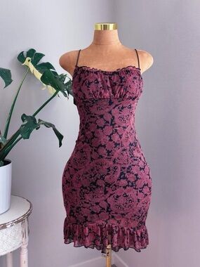 Y2K Burgundy & Black Damask Bodycon Mini Dress